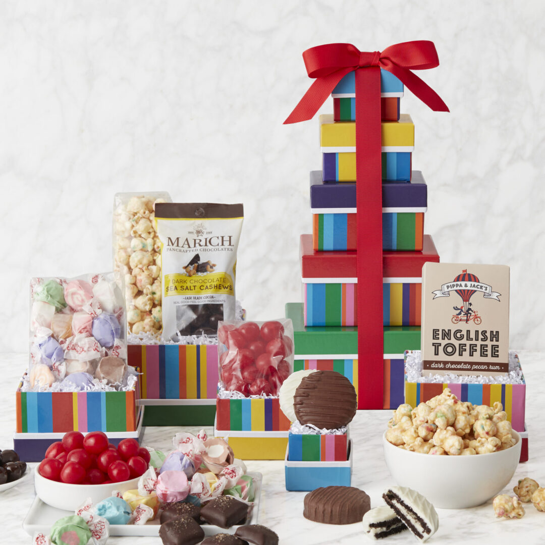 (1) 3 oz Taffy,(1) 2 oz Confetti Popcorn - NO BOW,(1) 0.75 oz White Chocolate Covered Oreo,(1) Milk Chocolate Covered Oreo,(1) 2.3 oz Marich Dark Chocolate Sea Salt Cashews,(1) 3 oz Cherry Sours,(1) TR Dark Choc Pecan Rum (Brown Box),,White Grass,Birthday Tower, striped