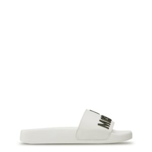 A white Moschino embossed pool slides