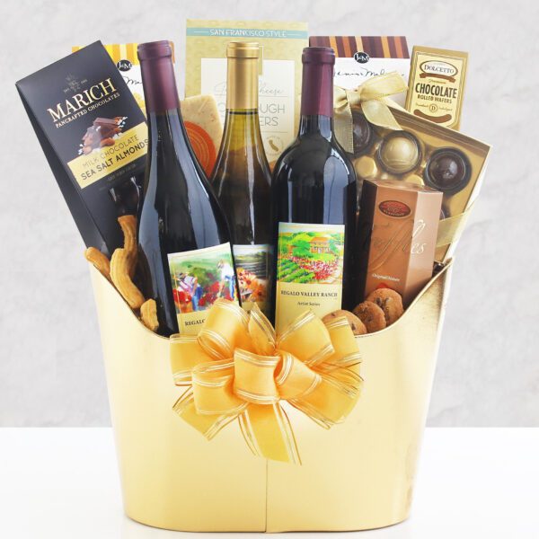 Golden Vineyard Trio: Red & White Wine Gift Basket