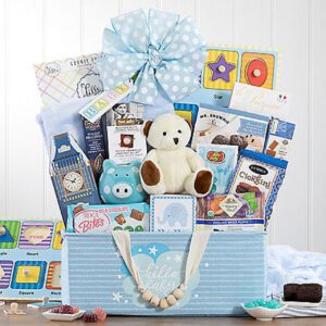 A large basket filled with light blue items and a light blue ribbon with polka dots design