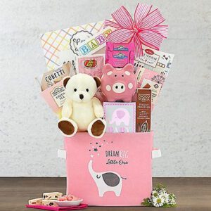 A basket filled with pink items