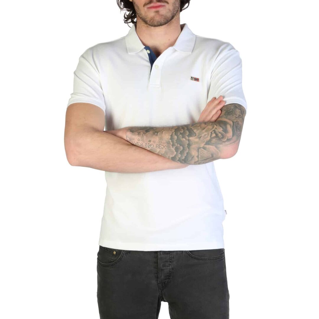A man model wearing a white Napapijiri Taly Stretch 3 short sleeves polo shirt