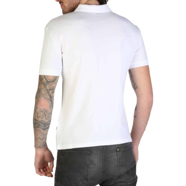 The back of a man model wearing a white Napapijiri Taly Stretch 3 short sleeves polo shirt